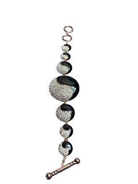 AKKAD China Yin Yang Bracelet Clear Rhinestone Pave Black Enamel Flawed